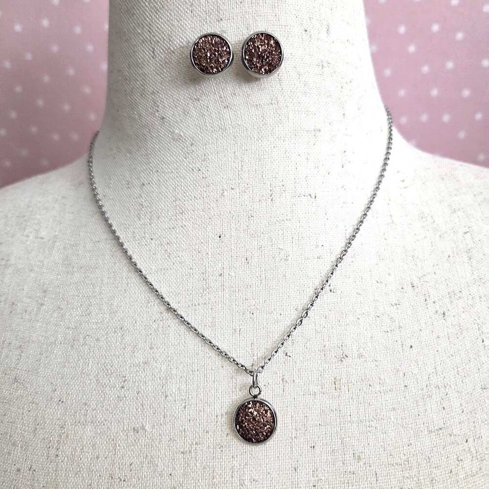 Silver Tone Pink Druzy Jewelry Set